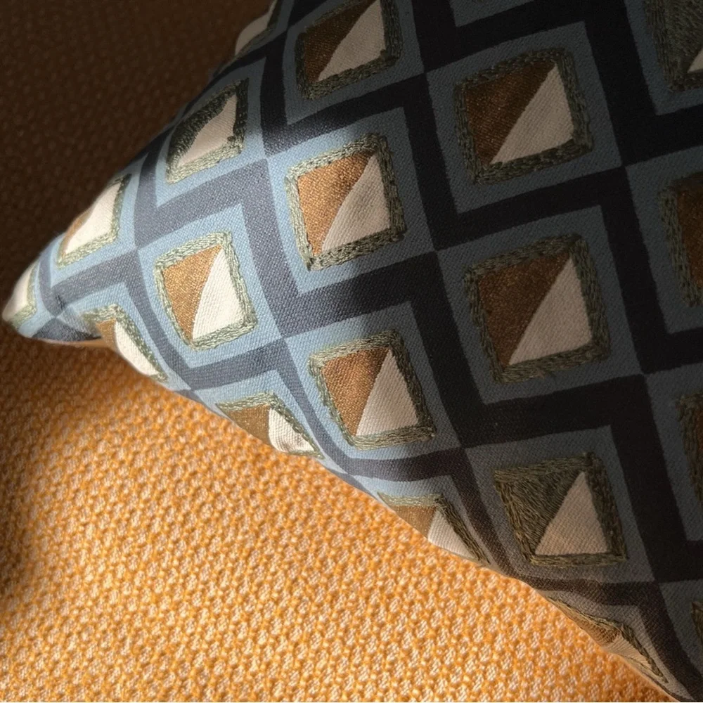 West Elm Navy and Blush Diamond Embroidered Lumbar Pillows